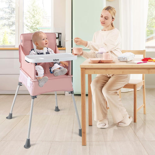 INFANS Baby High Chair, Foldable Portable Highchair for Babies and Toddlers with Travel Bag Adjustable Tray, 5 Point Harness, Compact Space Saver Infant Feeding Chair (Grey)