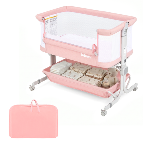 INFANS 3-in-1 Baby Bassinet, Bedside Sleeper with Comfy Mattress, Wheels, 6-Height Adjustable, Storage Basket