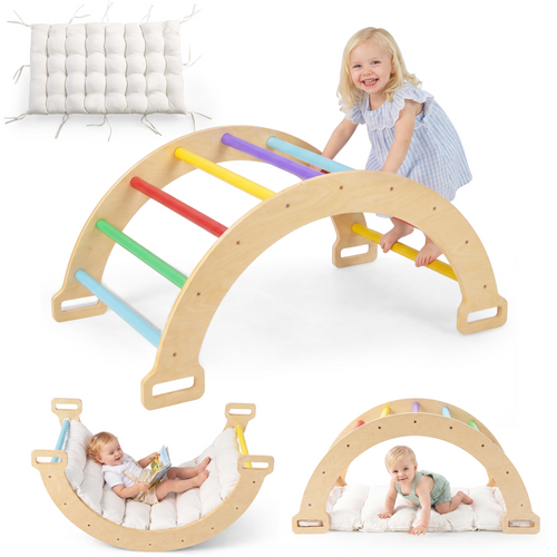 OLAKIDS Wooden Arch Climber Rocker with Soft Cushion, 4 in 1 Montessori Climbing Ladder Toys for Toddlers