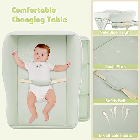 INFANS Baby Changing Table with Wheels, Portable Folding Diaper Station Nursery Organizer with Storage Basket, Hanging Rack, Adjustable Height, Safety Belt for Newborn Infant