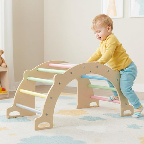 OLAKIDS Climbing Arch for Toddlers 5 in 1 Wooden Indoor Kids Climber Rocker Montessori Sensory Table