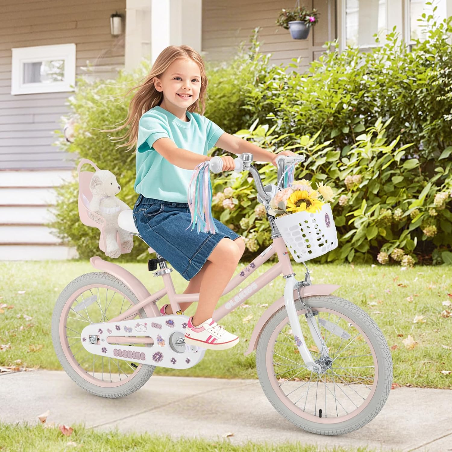 Olakids Girls Bike 12-18 Inch with Doll Seat Training Wheels Basket Dual Brakes, 20 Inch Without Training Wheels