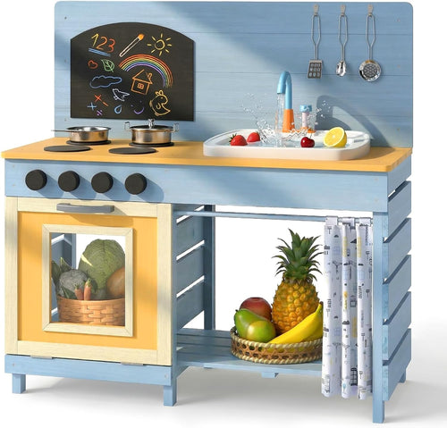 OLAKIDS Wooden Outdoor Mud Kitchen with Sink, Chalkboard & Stove for Kids