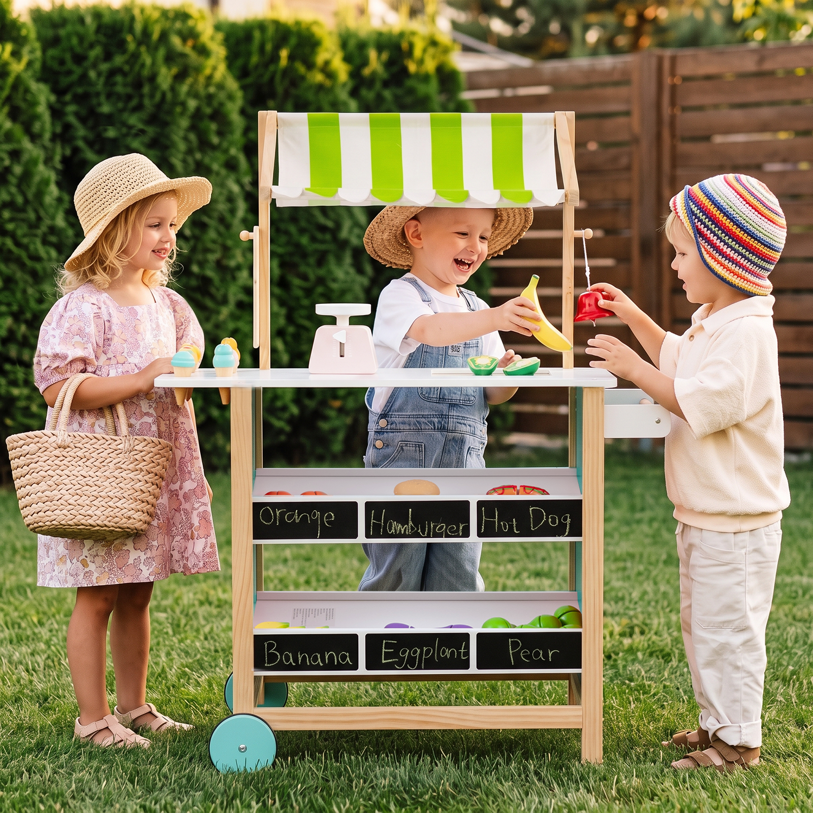 OLAKIDS Wooden Grocery Store Marketplace Toy, Supermarket Pretend Play, Extra Storage 6 Ice Creams Scales Bells Chalkboards, Fun Indoor Farmer's Market Stand Set Gift for Ages 3+