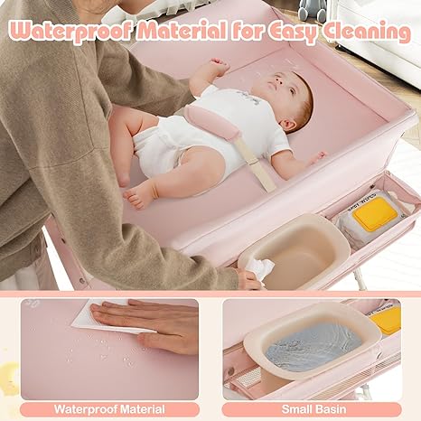 INFANS Baby Changing Table with Wheels, Portable Folding Diaper Station Nursery Organizer with Storage Basket, Hanging Rack, Adjustable Height, Safety Belt for Newborn Infant