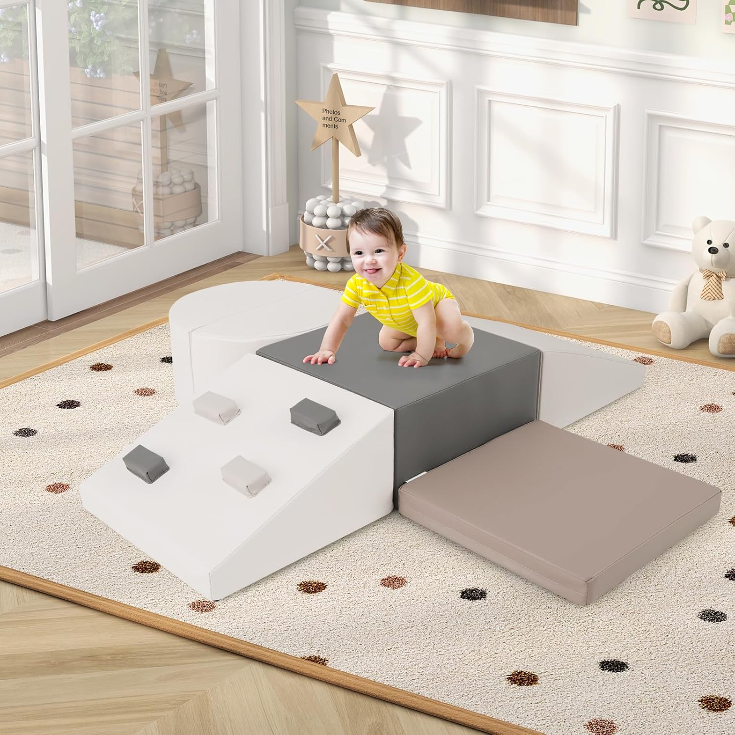 Olakids Climbing Toys for Toddlers, 6 Pieces Baby Foam Blocks Soft Play Set with PU Leather