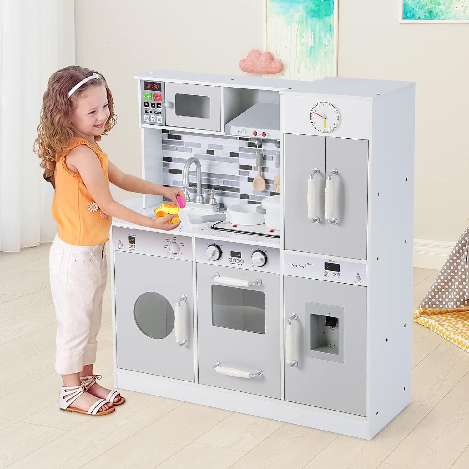 OLAKIDS Wooden Pretend Kitchen Playset for Toddlers with Realistic Light, Sound, Microwave & Storage Cabinet