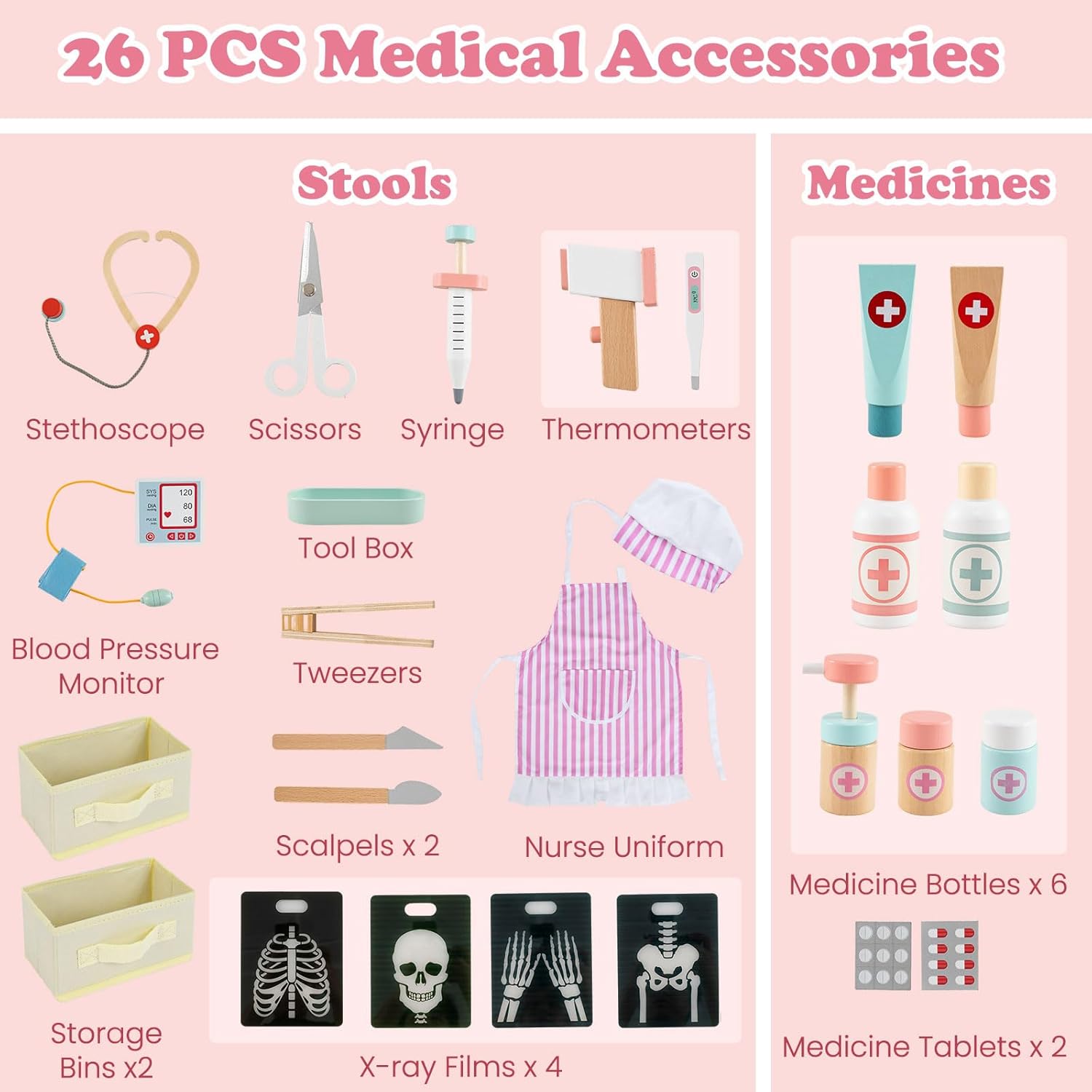 OLAKIDS Doctor Playset Wooden Pretend Medical Station Activity Center Toy Set for Toddler