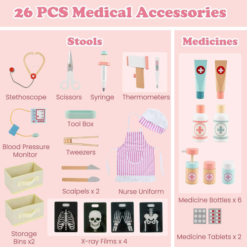 OLAKIDS Doctor Playset Wooden Pretend Medical Station Activity Center Toy Set for Toddler