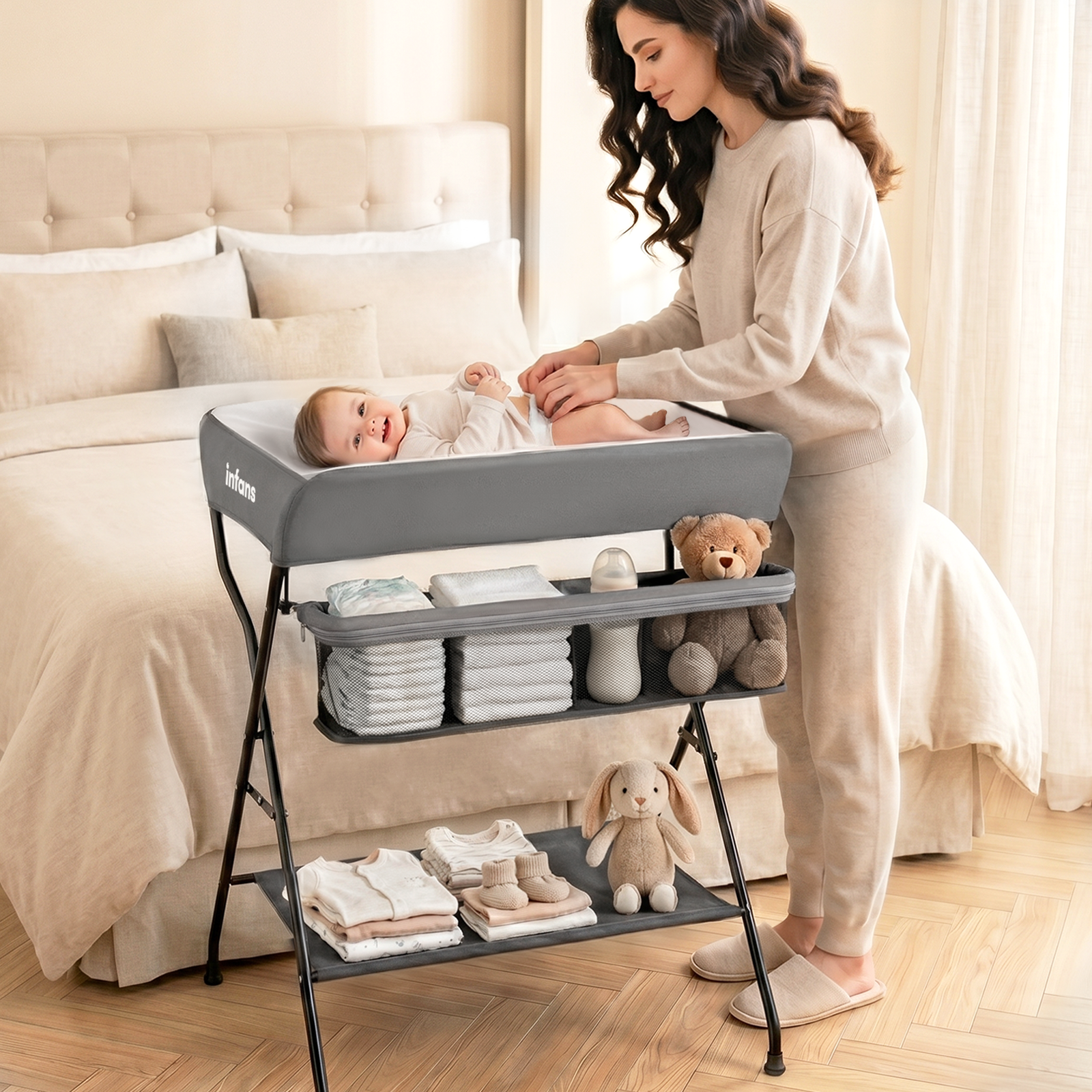 INFANS Baby Changing Table, Folding Diaper Station Portable Nursery Organizer with Safety Belt and Storage Racks