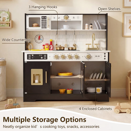OLAKIDS Wooden Play Kitchen with Lights, Sounds, Dishwasher & Coffee Machine, Pretend Cooking Set for Ages 3+