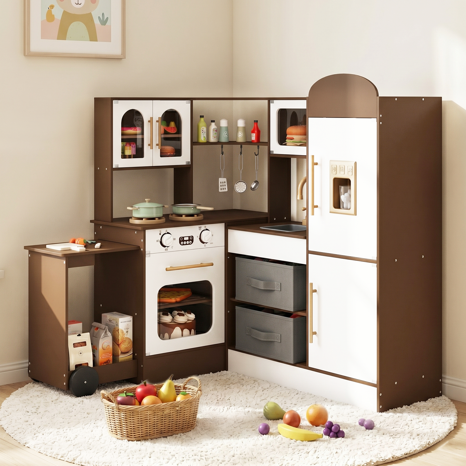 OLAKIDS Corner Kids Kitchen, Wooden Pretend Playset for Boys Girls Aged 3+