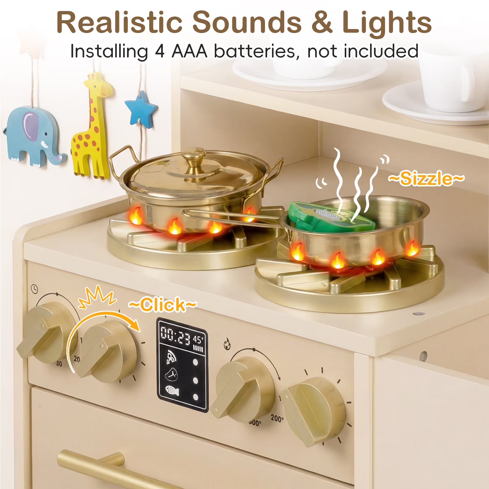 OLAKIDS Kids Kitchen Playset, Wooden Pretend Play Kitchen with Realistic Light Sound 14 Accessories, Toddler Cooking Toy for Boys Girls Aged 3+