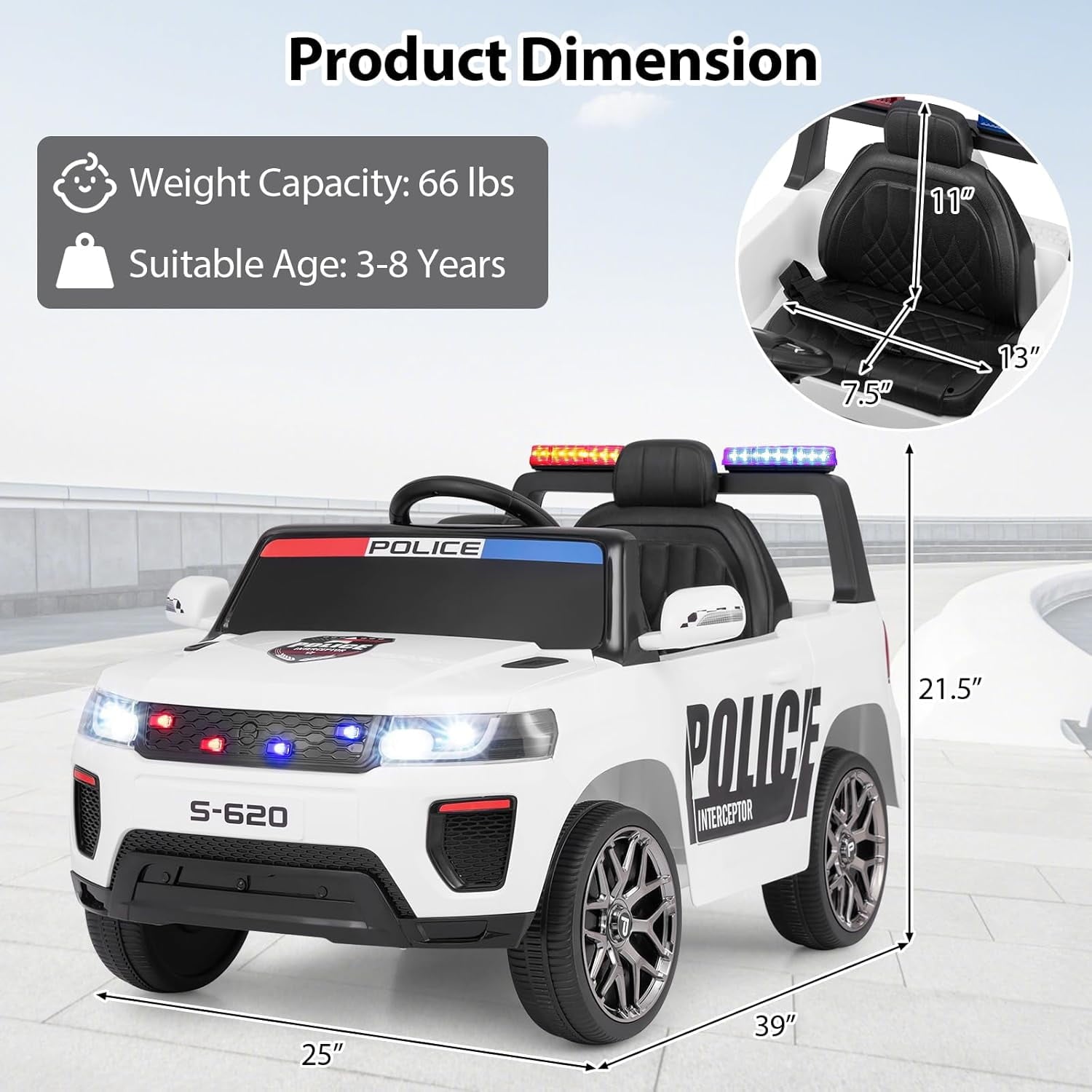 OLAKIDS Ride on Police Car 12V Kids Battery Powered Electric Vehicle for Aged 3-8 Years