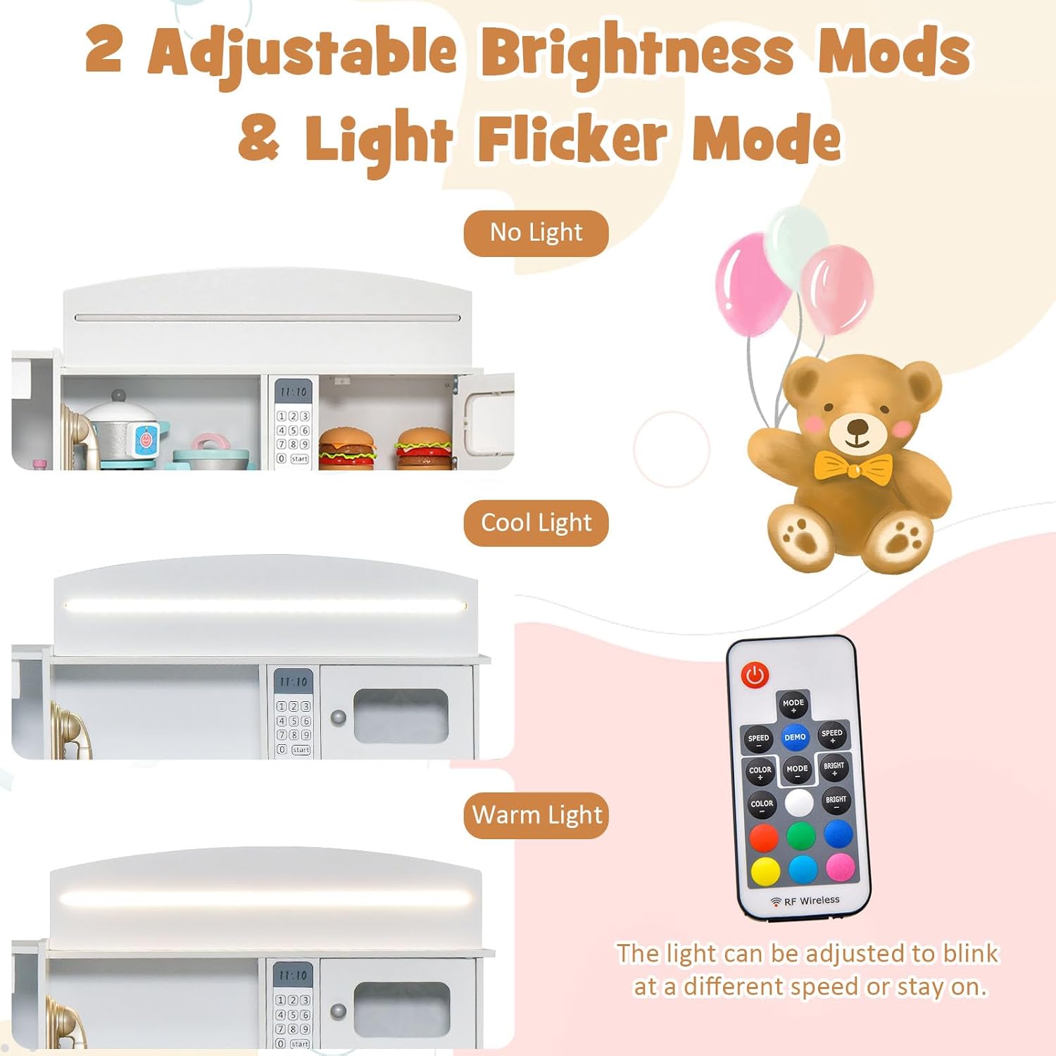 OLAKIDS Wooden Toddler Kitchen Playset with Lights, Coffee Maker, Ice Maker, Stove, Sink, Microwave and 2 Storage Bins