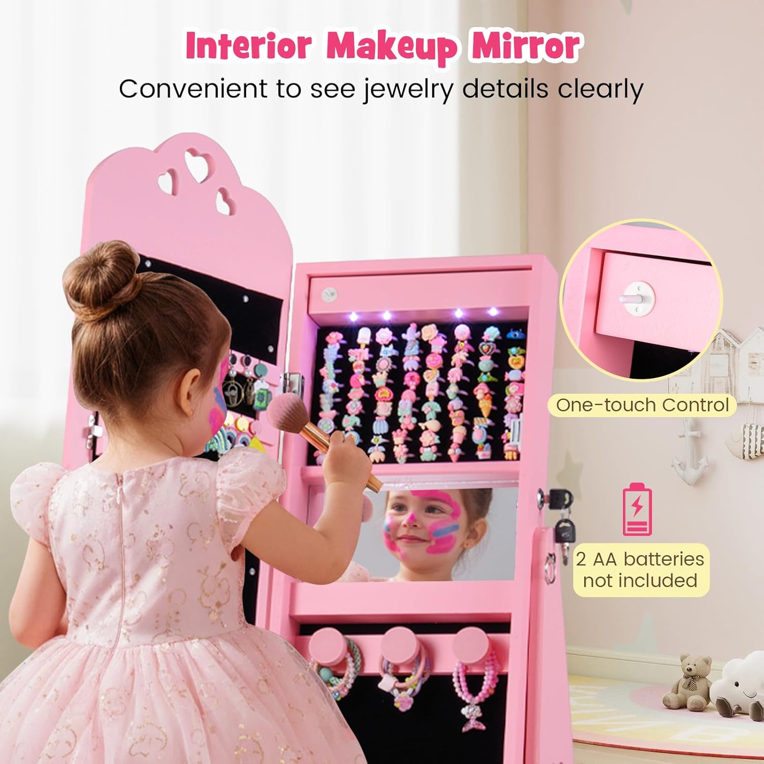 OLAKIDS Kids Jewelry Armoire Cabinet, 360° Swivel Lockable Standing Makeup Organizer
