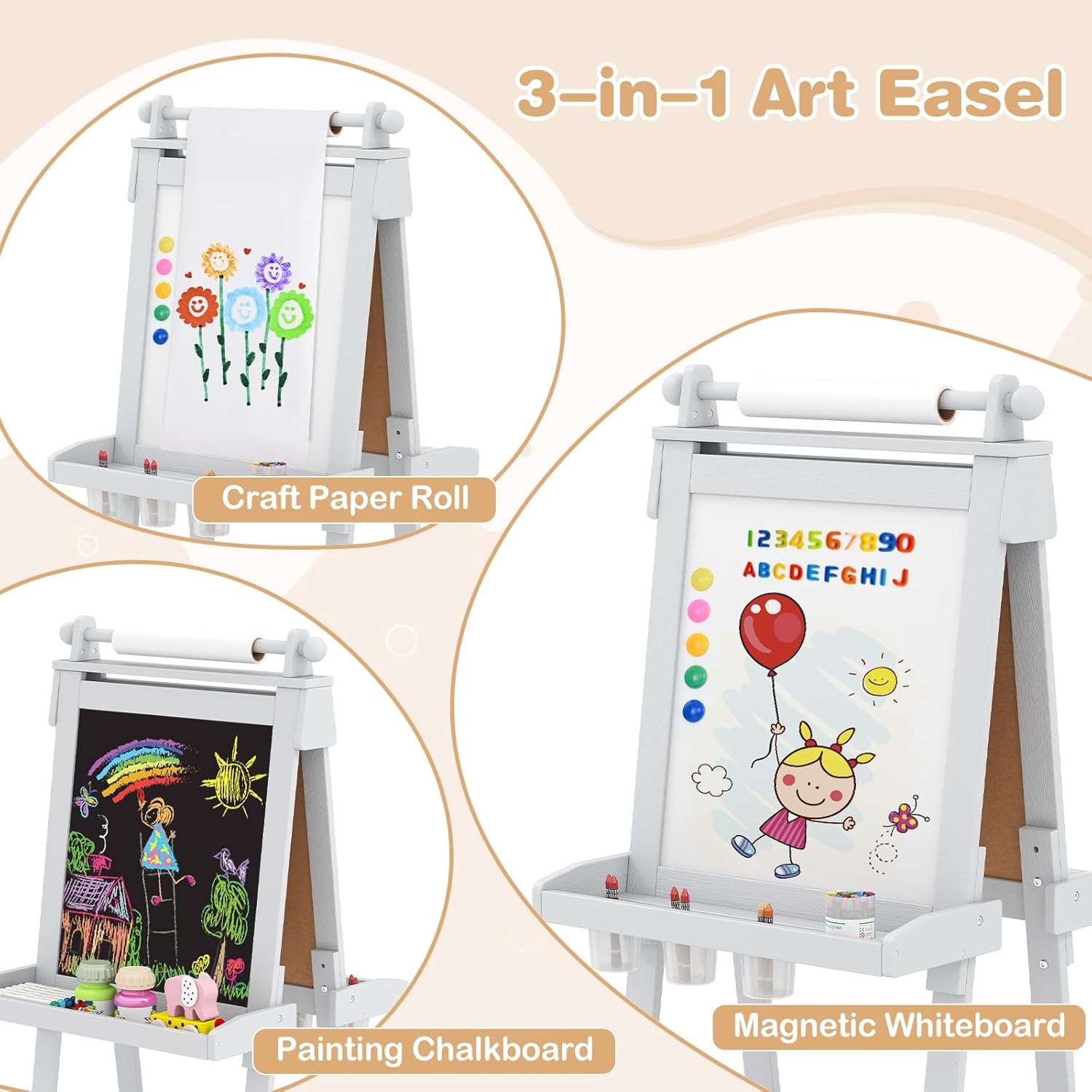 OLAKIDS Easel for Kids, 3 in 1 Adjustable Painting Art Board, Foldable Double-Sided Wooden Drawing Chalkboard Magnetic Whiteboard
