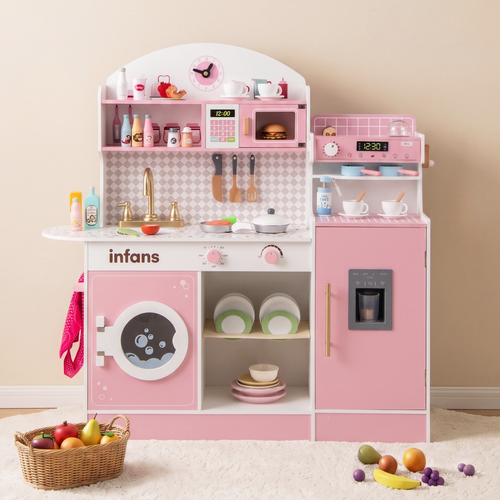 OLAKIDS Wooden Kids Kitchen Playset with Coffee Maker, Pretend Cooking Toy Set