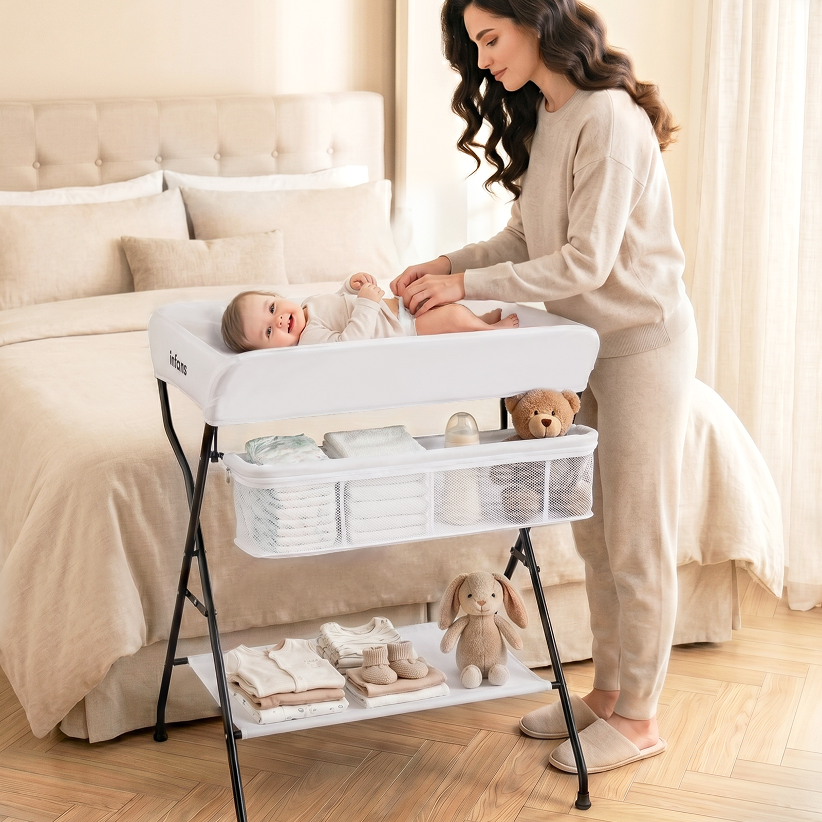 INFANS Baby Changing Table, Folding Diaper Station Portable Nursery Organizer with Safety Belt and Storage Racks