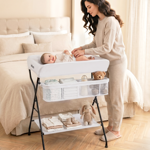 INFANS Baby Changing Table, Folding Diaper Station Portable Nursery Organizer with Safety Belt and Storage Racks