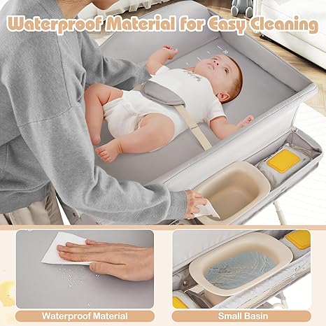 INFANS Baby Changing Table with Wheels, Portable Folding Diaper Station Nursery Organizer with Storage Basket, Hanging Rack, Adjustable Height, Safety Belt for Newborn Infant