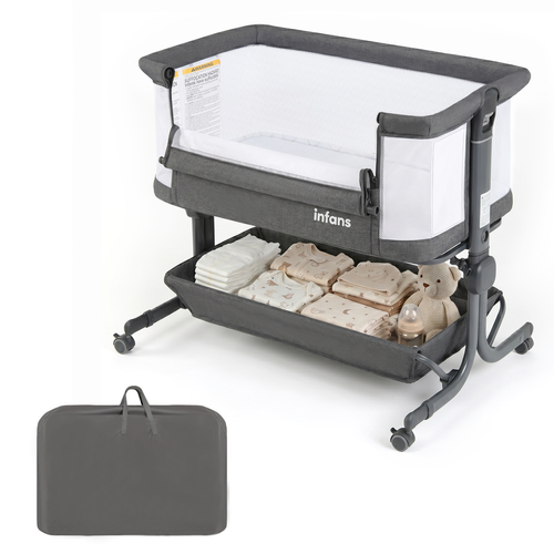 INFANS 3-in-1 Baby Bassinet, Bedside Sleeper with Comfy Mattress, Wheels, 6-Height Adjustable, Storage Basket