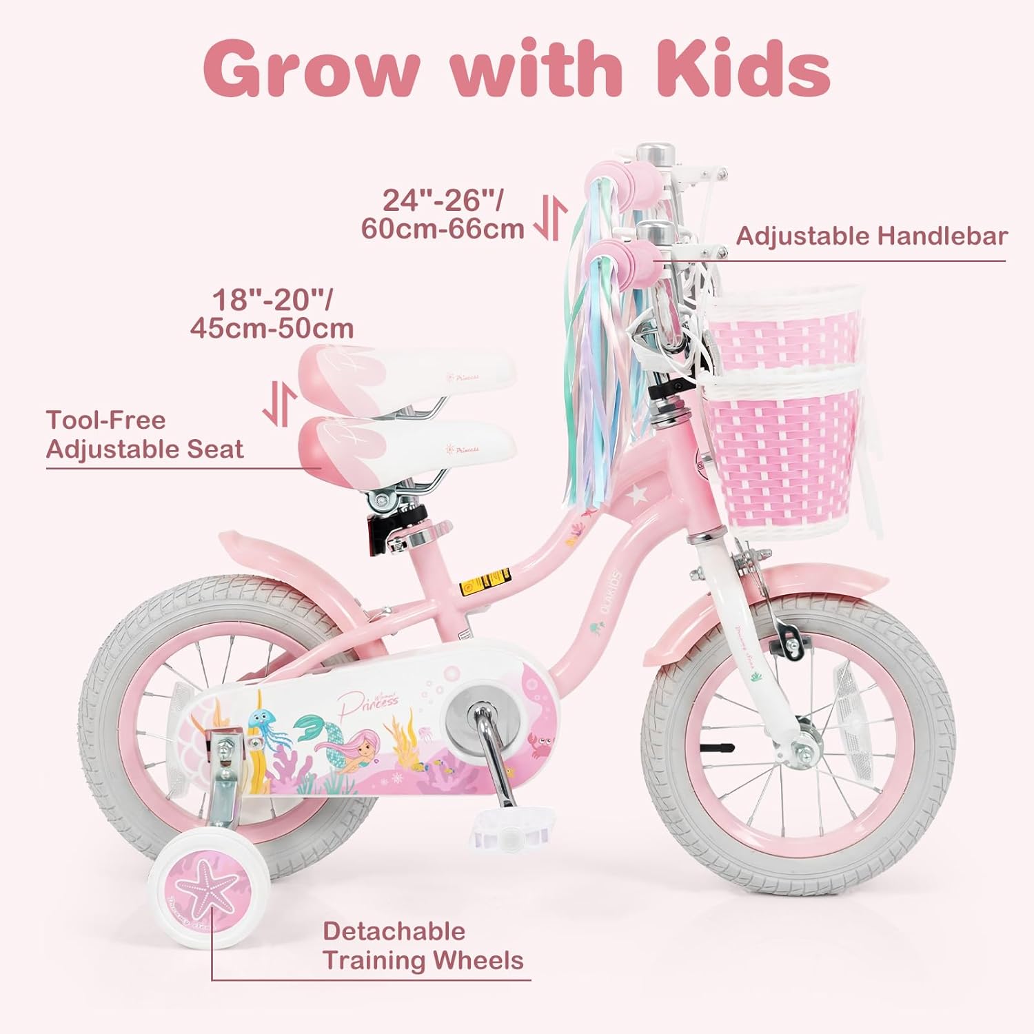 Olakids Kids Bike, 12 14 16 18 20 Inch Mermaid Theme Girls Bicycle with Training Wheels