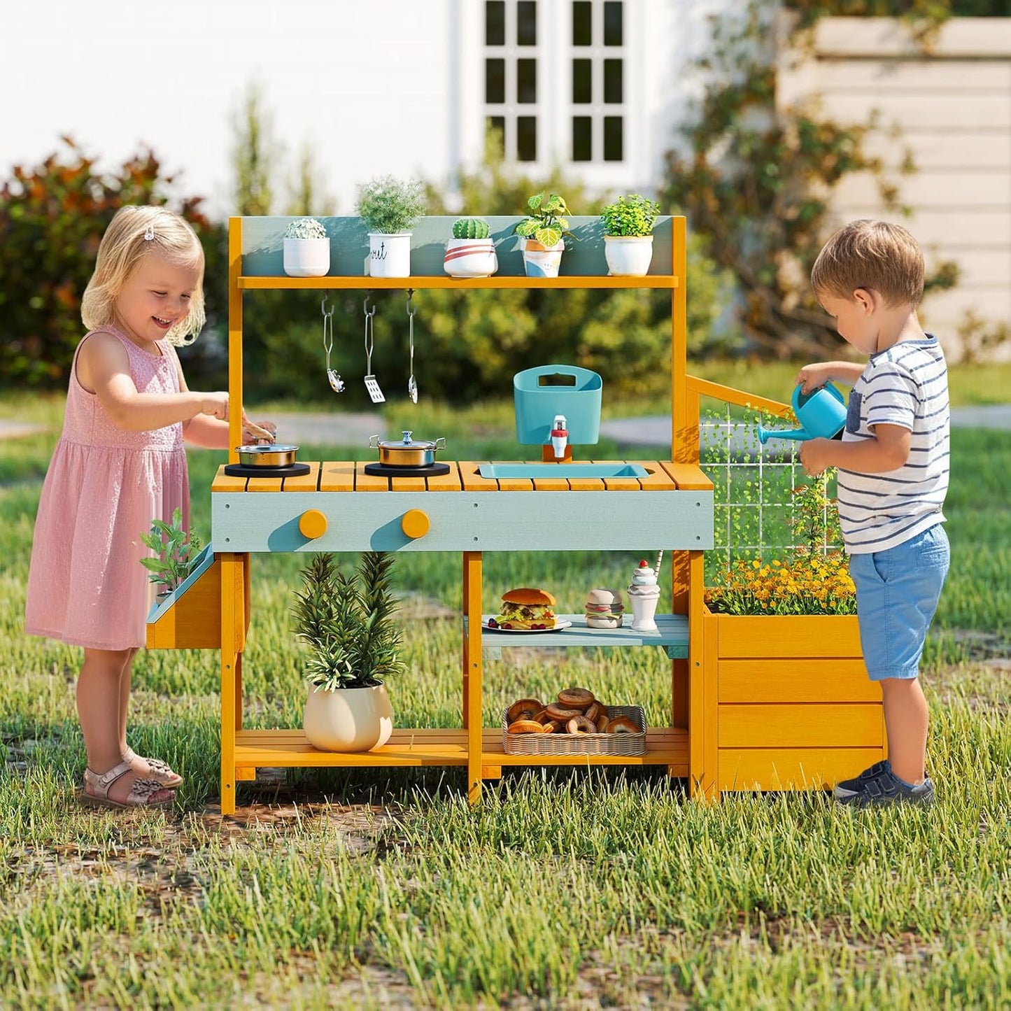OLAKIDS Wooden Mud Kitchen Outdoor Play Kitchen with Faucet Sink Chalkboard for Kids 3+