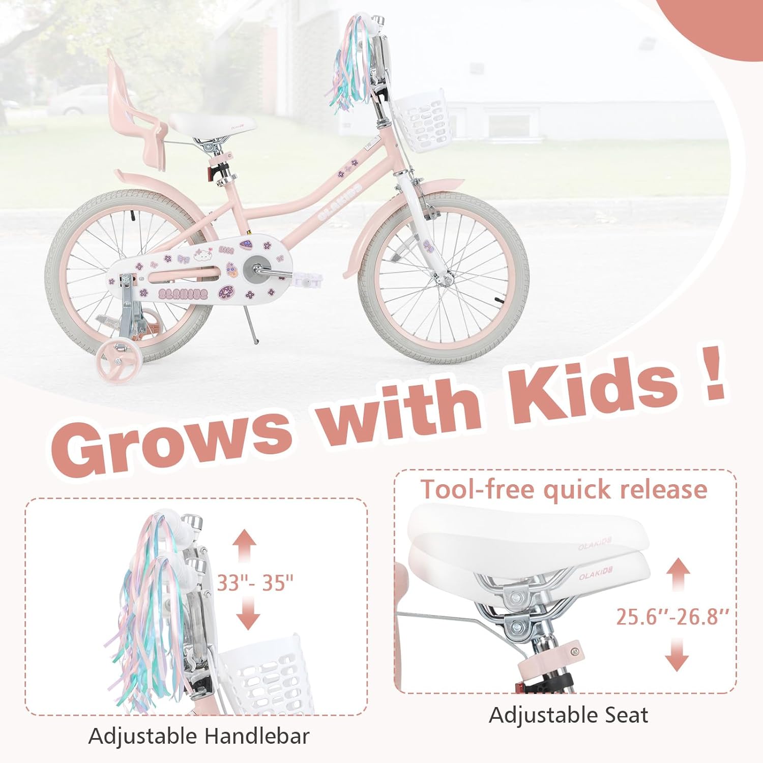 Olakids Girls Bike 12-18 Inch with Doll Seat Training Wheels Basket Dual Brakes, 20 Inch Without Training Wheels