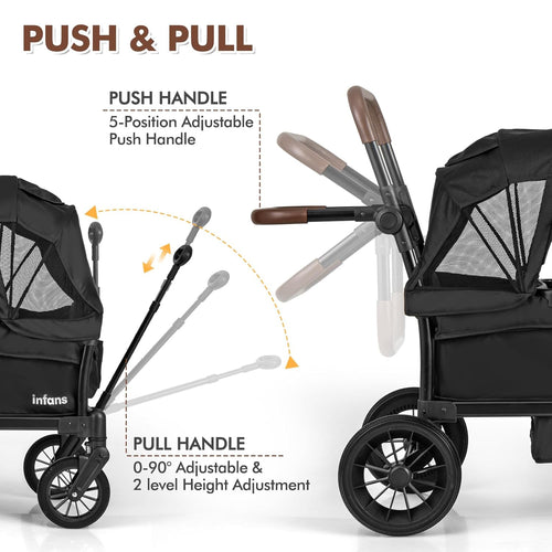 INFANS Wagon Stroller for 2 Kids, Collapsible Adjustable Push Pull Handle Bar, 2 Seater Stroller Wagon