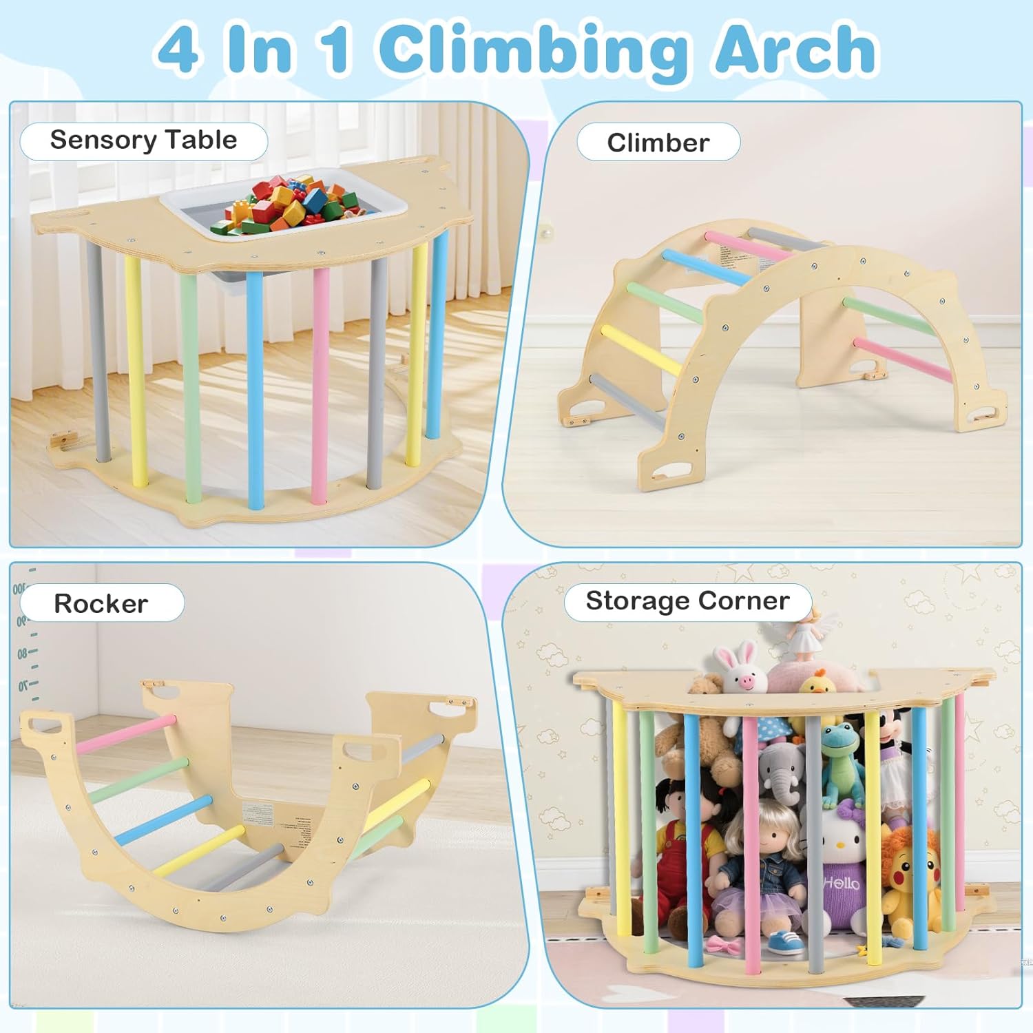 OLAKIDS Climbing Arch for Toddlers 5 in 1 Wooden Indoor Kids Climber Rocker Montessori Sensory Table