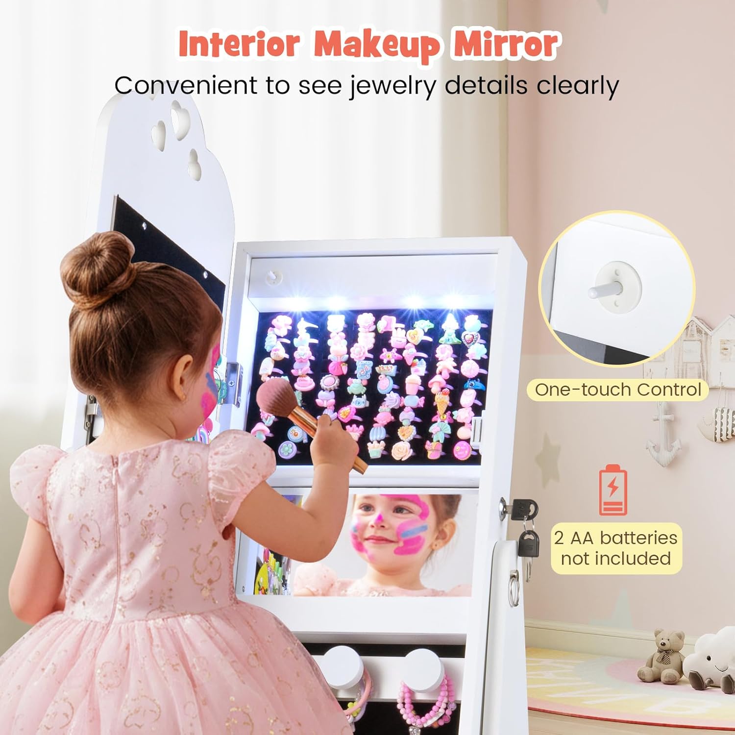 OLAKIDS Kids Jewelry Armoire Cabinet, 360° Swivel Lockable Standing Makeup Organizer