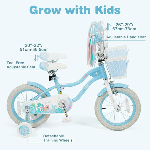 Olakids Kids Bike, 12 14 16 18 20 Inch Mermaid Theme Girls Bicycle with Training Wheels