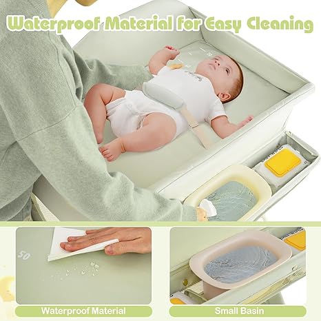 INFANS Baby Changing Table with Wheels, Portable Folding Diaper Station Nursery Organizer with Storage Basket, Hanging Rack, Adjustable Height, Safety Belt for Newborn Infant