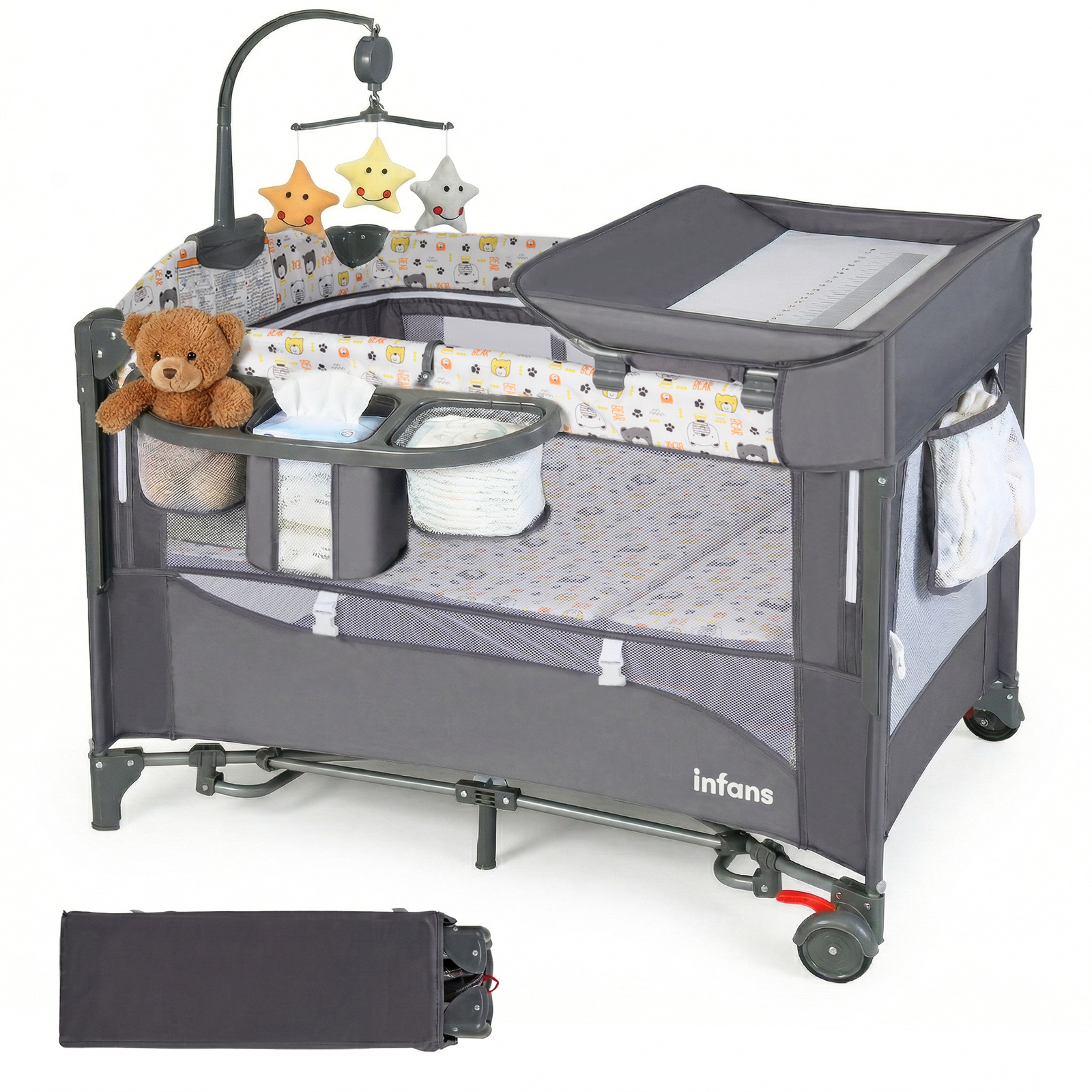 INFANS 5 in 1 Portable Playard, Larger Size Baby Bassinet Bedside Sleeper, Diaper Changer, Foldable Bedside Crib