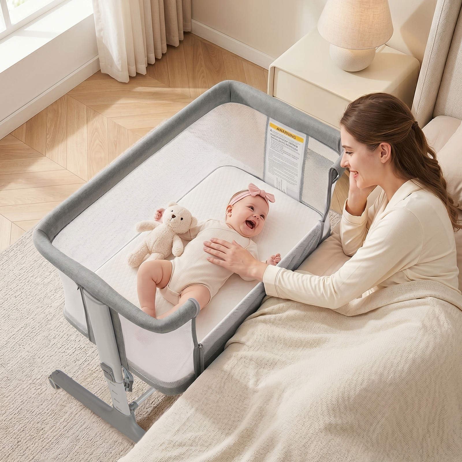 INFANS 3-in-1 Baby Bassinet, Bedside Sleeper with Comfy Mattress, Wheels, 6-Height Adjustable, Storage Basket