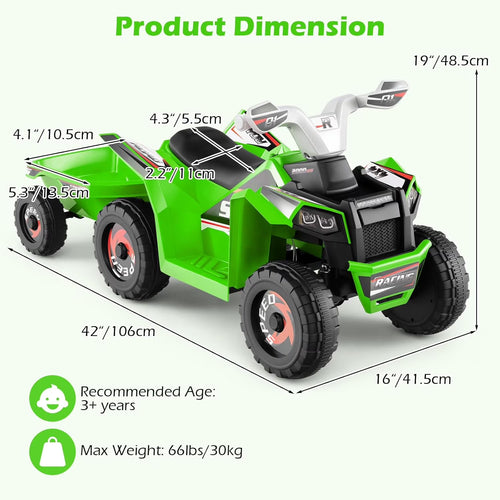 OLAKIDS 6V Kids ATV with Removable Trailer, Forward Backward Function, Widened & Wear-Resistant Wheels, Ride On Toy for Toddlers