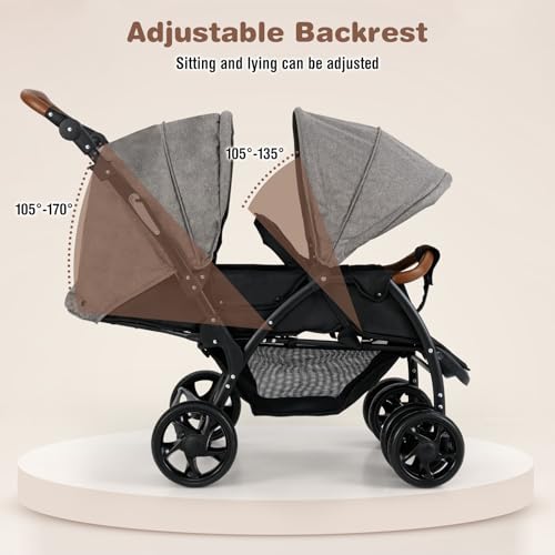 INFANS Double Stroller, Foldable Baby Tandem Stroller with Djustable Backrest Canopy Footrest