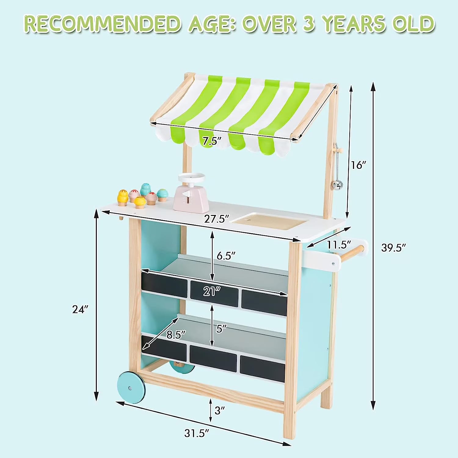 OLAKIDS Wooden Grocery Store Marketplace Toy, Supermarket Pretend Play, Extra Storage 6 Ice Creams Scales Bells Chalkboards, Fun Indoor Farmer's Market Stand Set Gift for Ages 3+