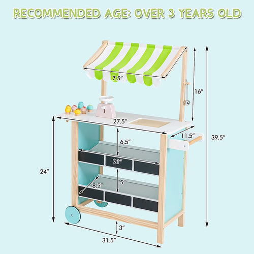 OLAKIDS Wooden Grocery Store Marketplace Toy, Supermarket Pretend Play, Extra Storage 6 Ice Creams Scales Bells Chalkboards, Fun Indoor Farmer's Market Stand Set Gift for Ages 3+