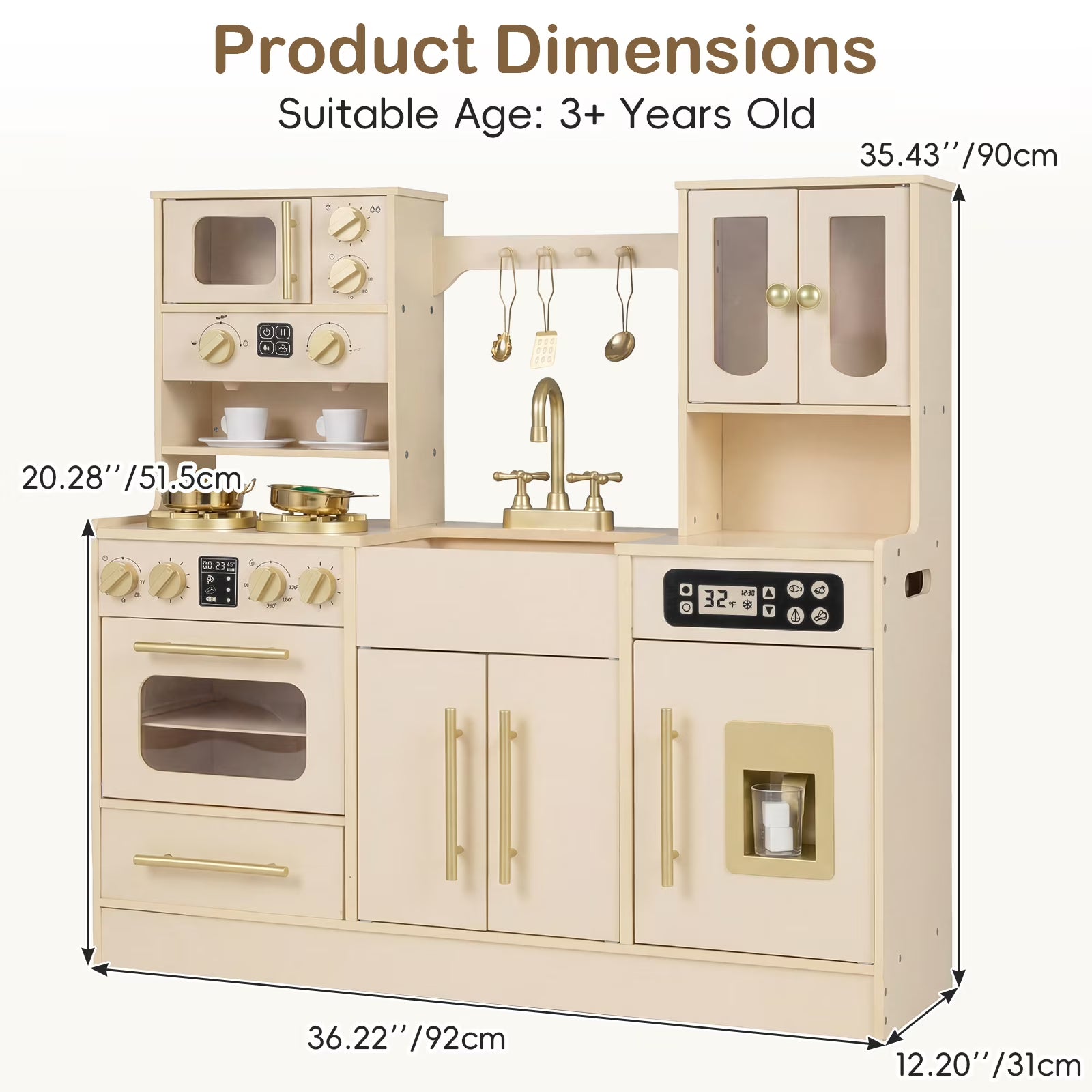 OLAKIDS Kids Kitchen Playset, Wooden Pretend Play Kitchen with Realistic Light Sound 14 Accessories, Toddler Cooking Toy for Boys Girls Aged 3+