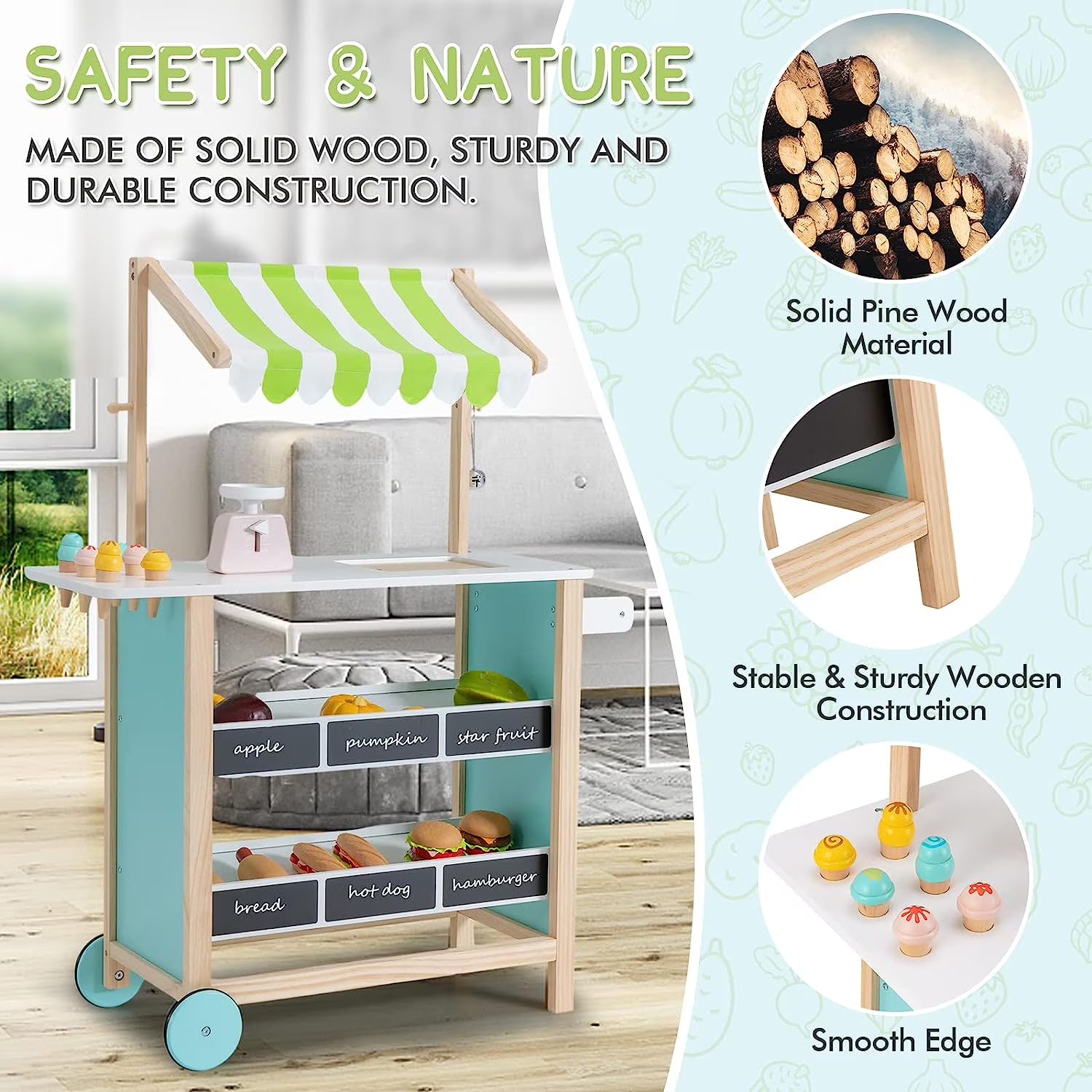 OLAKIDS Wooden Grocery Store Marketplace Toy, Supermarket Pretend Play, Extra Storage 6 Ice Creams Scales Bells Chalkboards, Fun Indoor Farmer's Market Stand Set Gift for Ages 3+