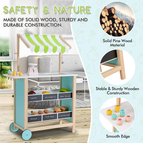 OLAKIDS Wooden Grocery Store Marketplace Toy, Supermarket Pretend Play, Extra Storage 6 Ice Creams Scales Bells Chalkboards, Fun Indoor Farmer's Market Stand Set Gift for Ages 3+