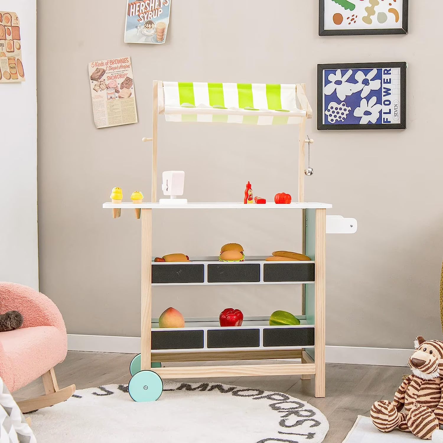 OLAKIDS Wooden Grocery Store Marketplace Toy, Supermarket Pretend Play, Extra Storage 6 Ice Creams Scales Bells Chalkboards, Fun Indoor Farmer's Market Stand Set Gift for Ages 3+