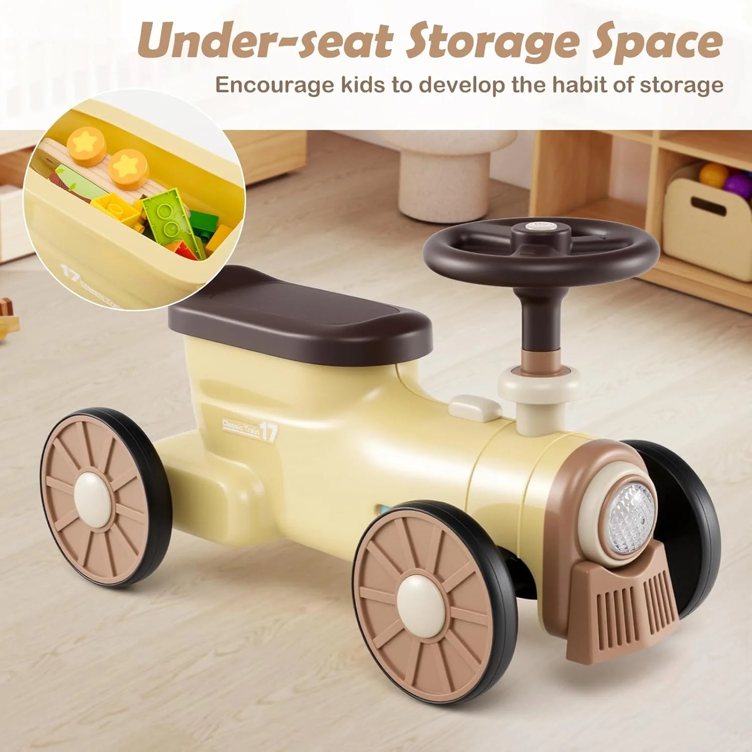 OLAKIDS Ride on Push Car, Kids Foot-to-Floor Sliding Car for Toddler with Train Whistle Sound, Under-Seat Storage, Toy Walker for Boys Girls Aged 19-36 Months