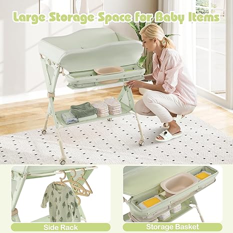 INFANS Baby Changing Table with Wheels, Portable Folding Diaper Station Nursery Organizer with Storage Basket, Hanging Rack, Adjustable Height, Safety Belt for Newborn Infant