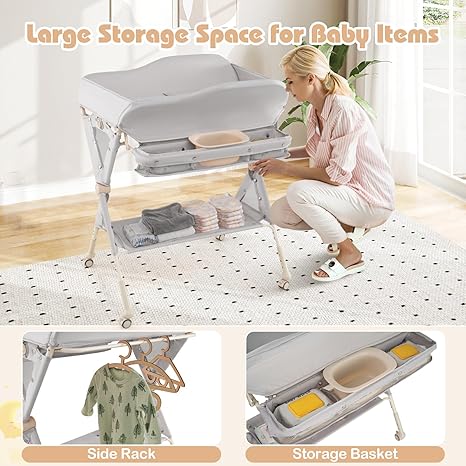 INFANS Baby Changing Table with Wheels, Portable Folding Diaper Station Nursery Organizer with Storage Basket, Hanging Rack, Adjustable Height, Safety Belt for Newborn Infant