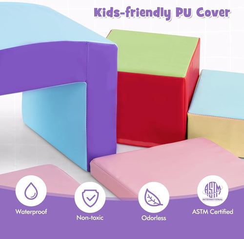 Olakids Climbing Toys for Toddlers, 7 Pieces Indoor Baby Foam Blocks Soft Play Set with PU Leather