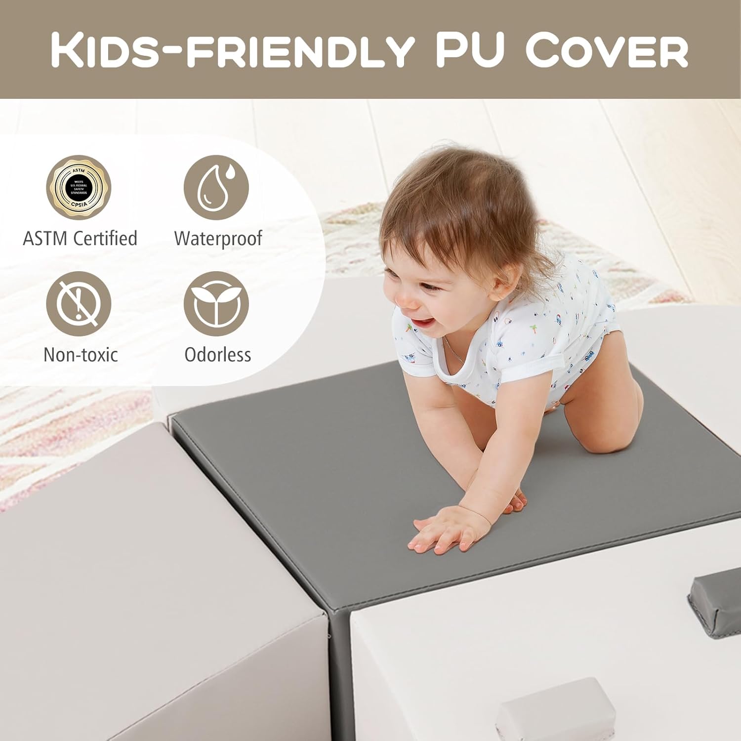 Olakids Climbing Toys for Toddlers, 6 Pieces Baby Foam Blocks Soft Play Set with PU Leather
