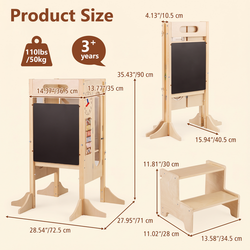 OLAKIDS Foldable 4-in-1 Wooden Toddler Tower, 2-Step Standing Stool with Chalkboard, Kitchen Helper for Kids 3+